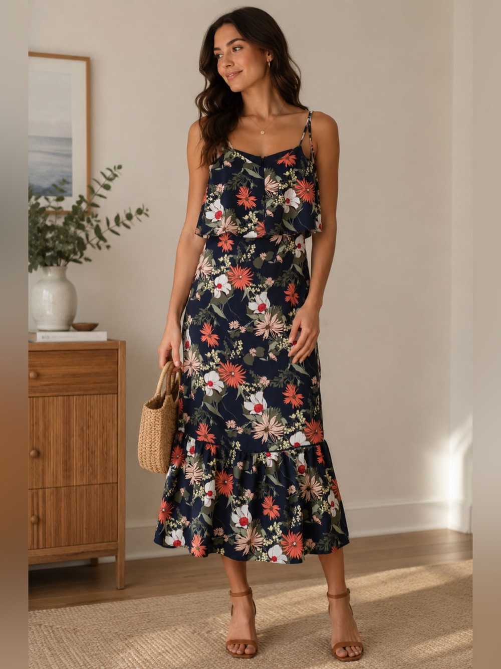 Banana Republic Navy Tropical Floral Midi Dress with Ruffle Hem 8 NWOT